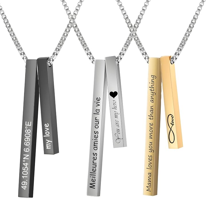 LUSSO Customized 925 Sterling Silver Engraved Bar Necklace For Women And Men, 14K Yellow Gold Or Rose Gold Custom Name Necklace Personalized Verticial Bar Necklace, Name Plate Necklaces