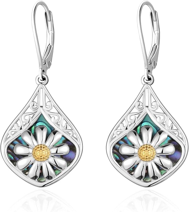 Sterling Silver Abalone Shell Filigree Dangle Drop Earrings Bohemia Jewelry Gift for Women Mother Mom