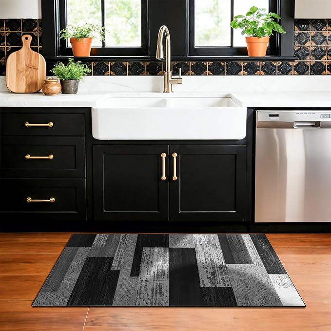 LIANLAM 2x3 Washable Entryway Rug,Non-Slip Indoor Door Mat(2x3,Black&Gray) | Non-Slip Door Mat with Vintage Checkered Pattern, Stain & Water Resistant, Low Pile for Front Door,Hall,Kitchen,Bathroom