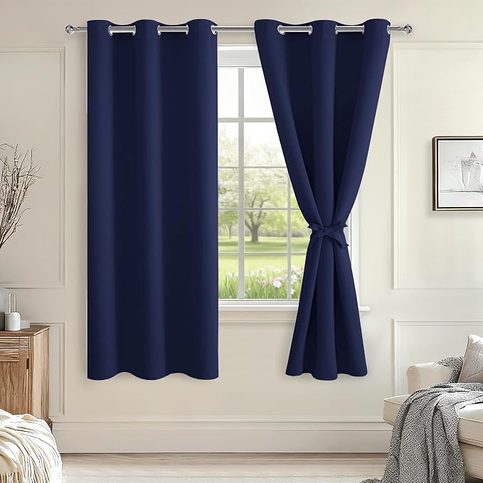 Hiasan Blackout Curtains for Bedroom and Living Room, Light Blocking, Noise Reducing Window Curtain Panels, Tiebacks Included, Set of 2, Grommet Top (Navy Blue, Width 38 Inch x Length 72 Inch)