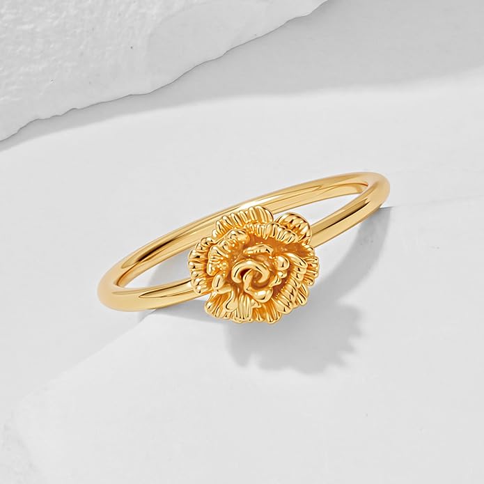 Birth Flower Ring for Women 14K Gold Plated Floral Minimalist Stackable Finger Jewelry Birthday Gifts