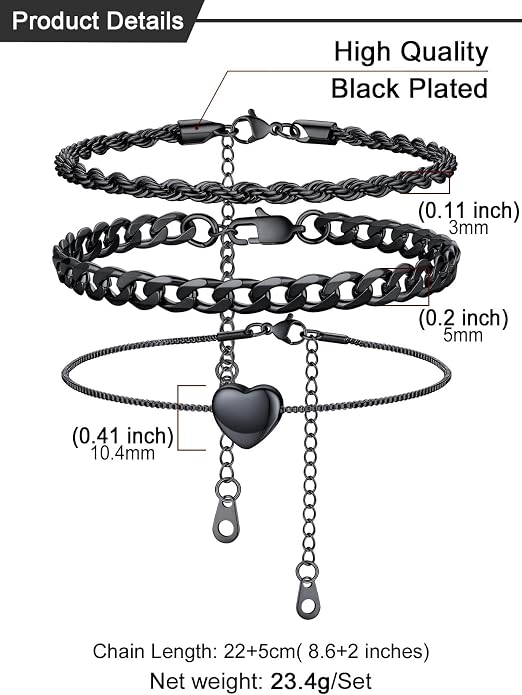 U7 2Pcs/3Pcs Ankle Bracelets for Women, Stainless Steel Cuban Link/Figaro/Rope/Heart Chain Anklets Sets,Waterproof Layered Anklets Adjustable 8.5"-10.5"