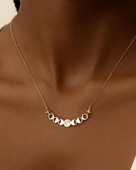 Celestial Necklace for Women: 14K Gold Plated Compass Sun Star Moon Phase Pendant, Boho Spiritual Gemstone Jewelry Anniversary Graduation Birthday Christmas Gift for Her Wife Girlfriend Daughter