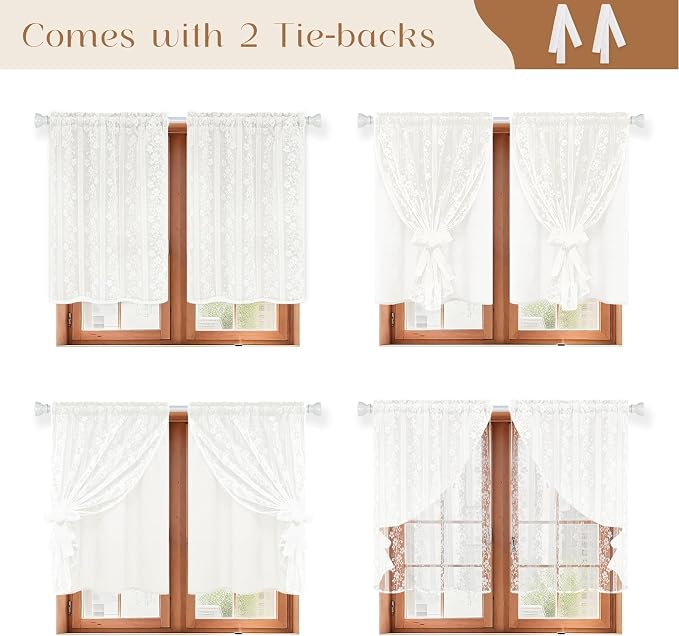 ASPMIZ Linen Kitchen Curtains Double Layer Kitchen Window Curtains Over Sink 36 Inch Length White Tier Curtain Light Filtering, Rod Pocket Cafe Curtain Short Window Treatments with 2 Tiebacks, 26x36