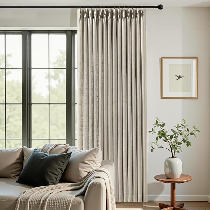 Extra Wide Pinch Pleated Curtains 102 Inches Long for Sliding Glass Door 60 Inch Wide Linen Curtain Memory Trained Pleat Drapes Hooks Rings 60x102 Curtain for Large Window, Burlywood Birch, 1 Panel