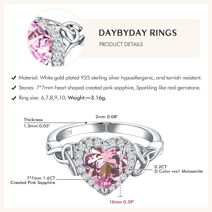 DAYBYDAY Celtic Birthstone Rings for Women 925 Sterling Silver Heart/Round/Pear/Oval Created Gemstone Moissanite Halo Engagement Promise Rings for Her Wife Birthday Anniversary Wedding Jewelry
