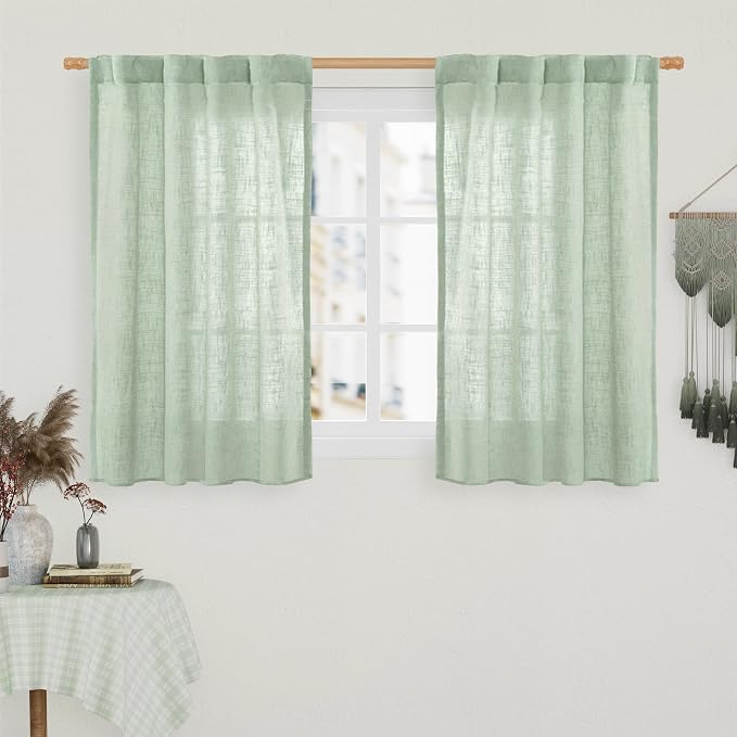 LAMIT 40 Inch Length Linen Curtains for Small Windows, Semi Sheer Light Filtering Panels Back Tab and Rod Pocket Neutral Drapes for Basement/Window/Loft Room, Fresh Green, 2 Panels, 34 x 40 Inch