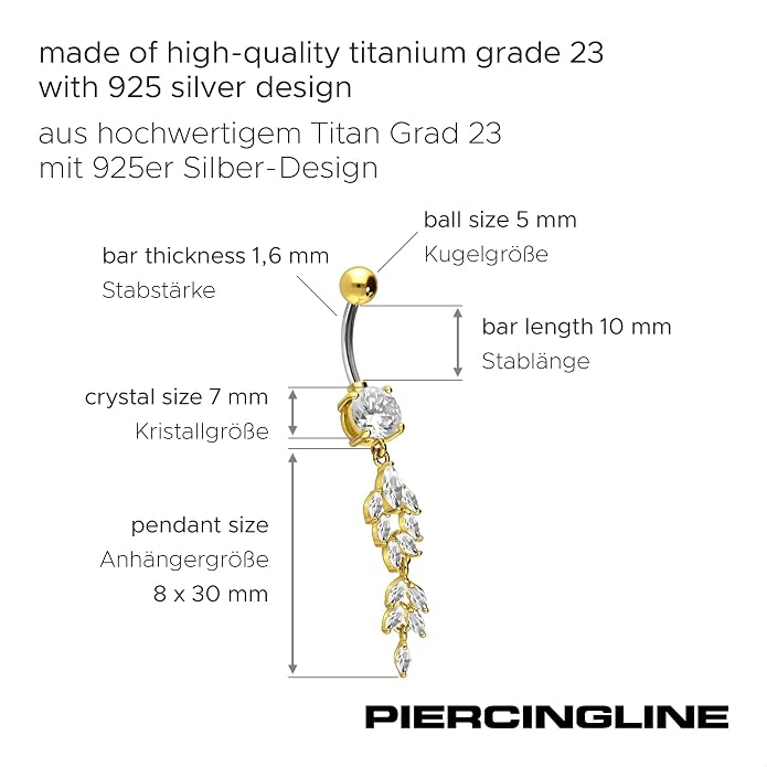 PIERCINGLINE Titanium Belly Button Piercing 925 Silver Design CRYSTAL PENDANT