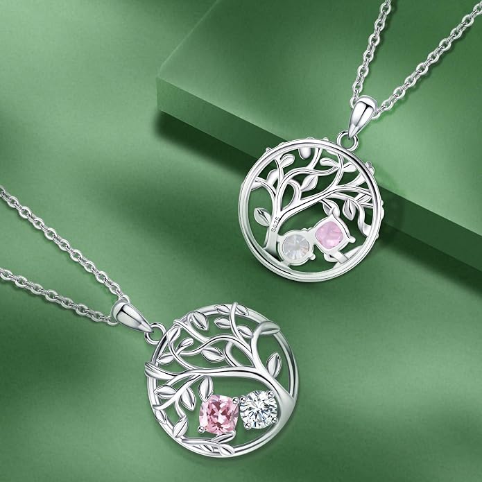 Tree of Life Birthstone Necklace for Women 925 Sterling Silver Birthstone Pendant 12 Months Necklaces with Zircon Birthday Gifts for Women, Mom, Grandma Cable Chain 18"+2"