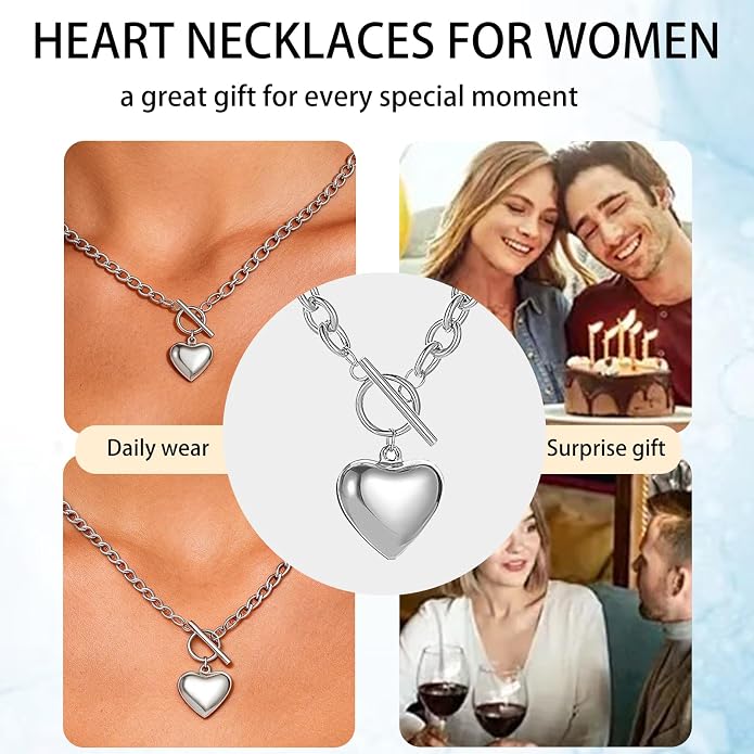 18k Gold/Silver Plated Tiny Heart Chain Link Necklace for Women Dainty Heart Pendant Chain Necklace Chunky Paperclip Choker Necklace for Women Trendy Jewelry Valentines Day Gifts for Women(s)