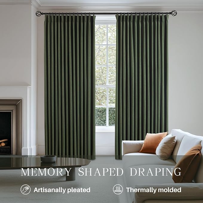 Pinch Pleated Curtains 100% Blackout Linen Curtains 84 Inches Long for Bedroom Living Room, Olive Green Memory Trained Thermal Insulated Room Darkening Window Drapes with Hooks 2 Panels 40"Wx84"L
