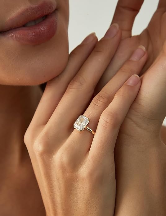 EAMTI 3CT Engagement Rings for Women Radiant Cut CZ Solitaire Promise Wedding Bands Travel Bezel Ring Size 4-10