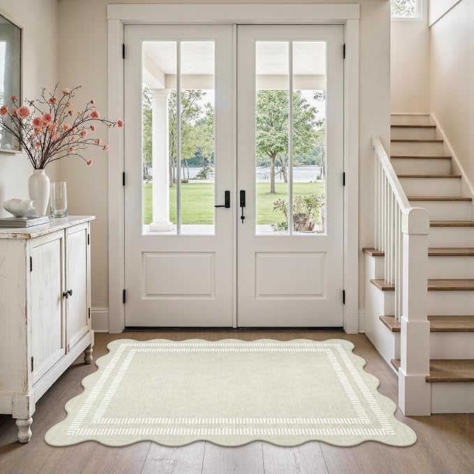 Washable 3x5 Indoor Entryway Rug, Neutral Beige Soft Non Slip Rugs Stain Resistant Scalloped Carpet for Bedroom Kitchen Nursery Home Office