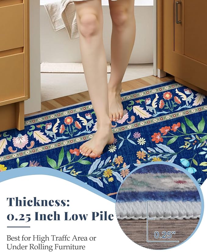 2x6 Blue Entryway Runner Rugs Washable Non Slip Runners for Hallway, Kitchen, Mudroom, Laundry Room, Stain Resistant Ultra Soft Non Skid, Nature Floral Design Indoor Decor