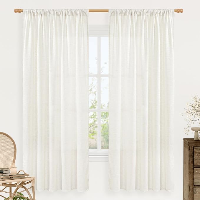 LAMIT Natural Linen Curtains 72 inch Length for Bedroom, Faux Linen Textured Light Filtering Drapes Rod Pocket Boho Window Treatment Panels for Farmhouse/Living Room, 2 Panels, 52 x 72 Inch