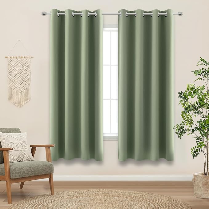 KOUFALL 60 Inch Curtains Room Darkening Insulated Thermal Drapes with Grommets,Light Sage Green Window Treatment Curtain Panels for Living Room Boho Decor 2 Panles Set