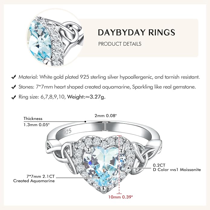 DAYBYDAY Celtic Birthstone Rings for Women 925 Sterling Silver Heart/Round/Pear/Oval Created Gemstone Moissanite Halo Engagement Promise Rings for Her Wife Birthday Anniversary Wedding Jewelry