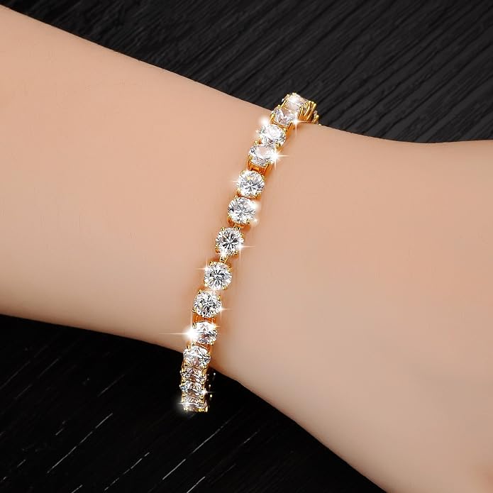 Richapex Diamond Tennis Bracelet for Women, Eternity Bracelet Blue Cubic Zirconia, Sapphire Bracelet, 18K Gold Plated Hypoallergenic Bracelets -7.48inch/190mm
