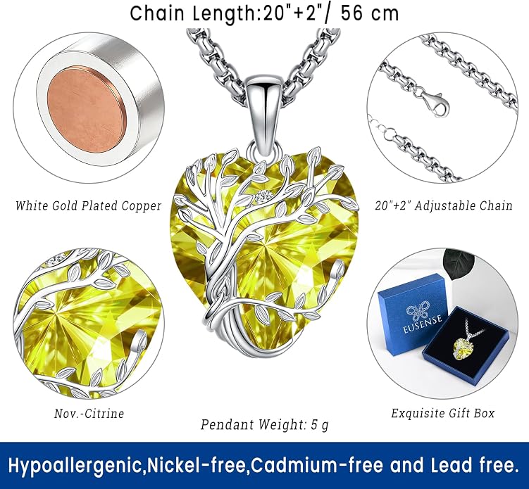 Eusense Tree of Life Necklace for Women White Gold Plated Copper Moonstone/Turquoise/Black Onyx/Crystal Birthstone Pendant Jewelry Gifts for Women Men