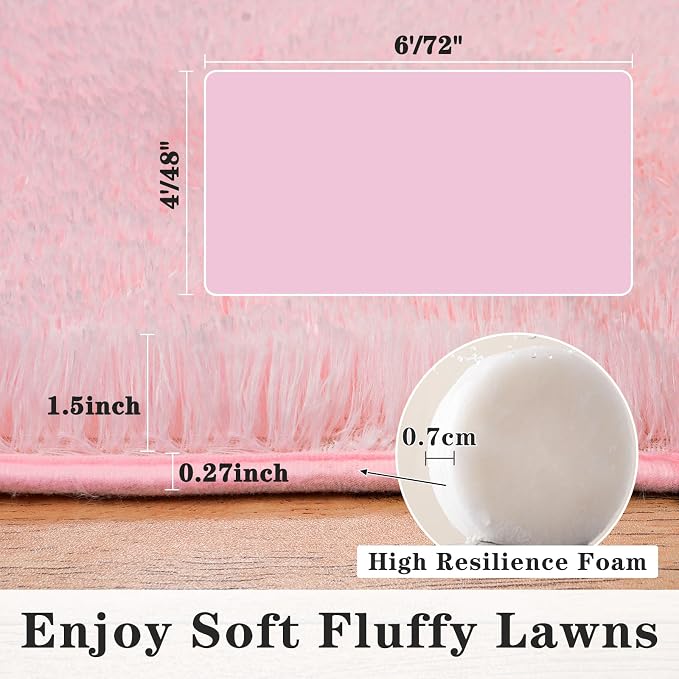 Dssimo Pink Rug for Bedroom Living Room, 5x7 Soft Fuzzy Furry Shag Area Rug | Large Fluffy Plush Upgrade Non-Slip Pink Rug for Girls Nursery Kids Room Dorm Room Home Decor, Indoor Floor Carpet