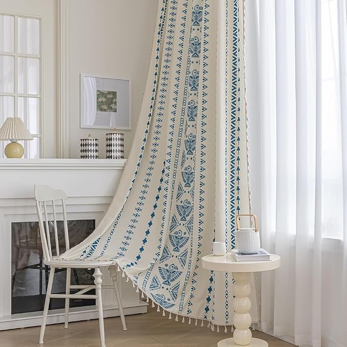 Blue Geometric Curtains 96 Inches Long, Boho Farmhouse Light Filtering Rod Pocket Drapes with Tassel Trim for Bedroom Living Room, 2 Panels
