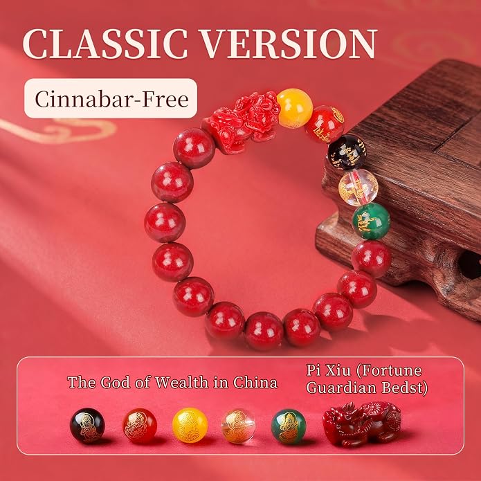 Five Roads Wealth God Cinnabar Pixiu Bracelet - Feng Shui Red String Bracelet for Good Luck & Money Attraction, Fortune Blessing for Men & Women, Adjustable Lucky Charm Bracelet (Classic & Cinnabar Options, 8/10/12mm)