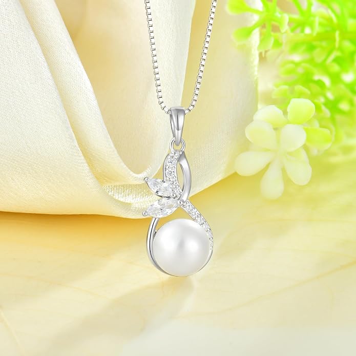 Pearl Necklace 925 Sterling Silver Infinity Butterfly Necklaces with 10mm Freshwater Cultured Pearls Jewelry Christmas Birthsday