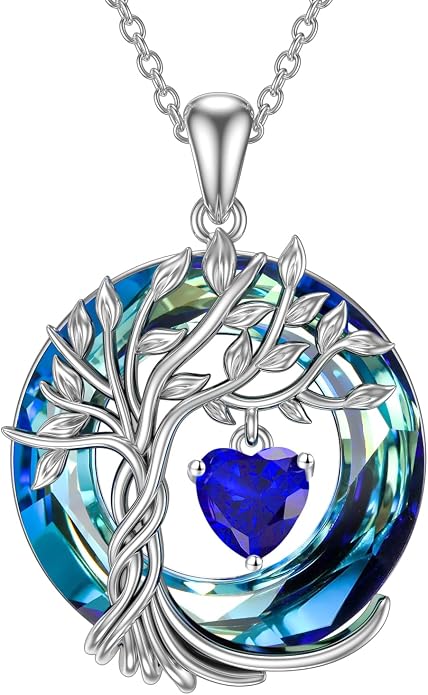 TOUPOP Tree of Life Birthstone Necklaces 925 Sterling Silver Irish Celtic Tree Pendant with Blue Crystal Birthday Jewelry Gifts for Women Mom Wife Her