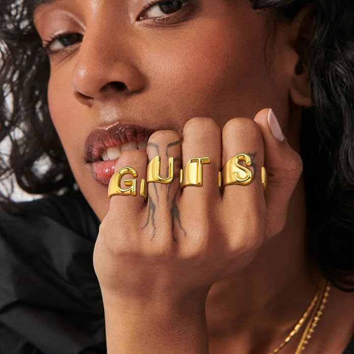 KeyStyle Bold Initial Letter Rings Adjustable, GoldChic Jewelry Women Gold Statement Ring Personalized Engraved Women’s Open Signet Ring for Party (Gold, White Gold, Black)