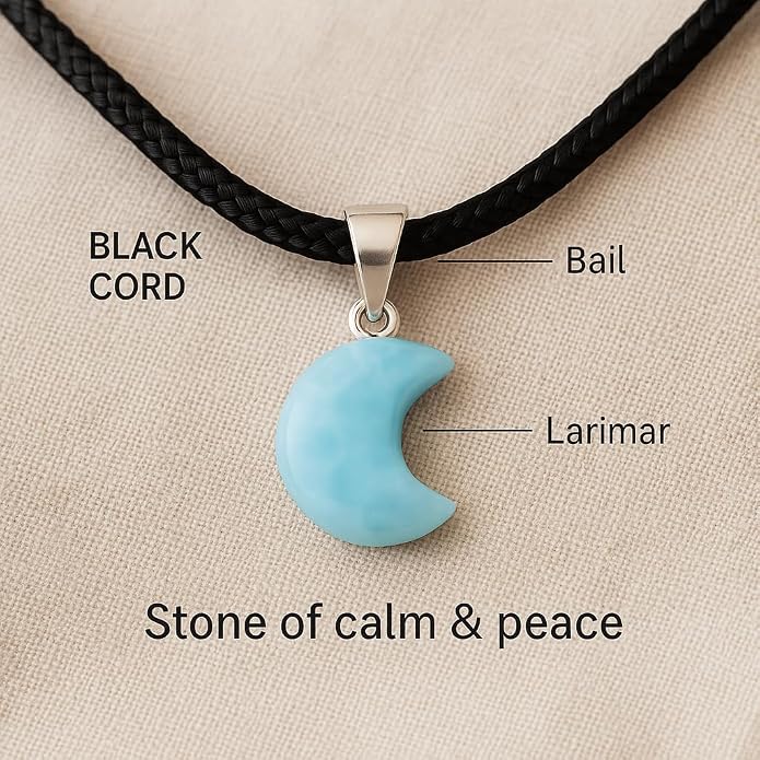 Handmade Larimar Crescent Moon Pendant Necklace – 925 Sterling Silver – Authentic Dominican Gemstone Jewelry – Healing Crystal Gift for Women & Men