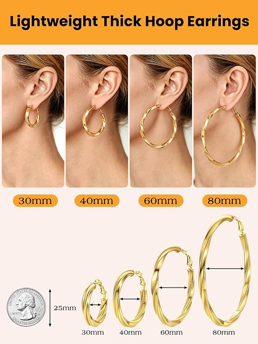Bestyle 5mm Thick Gold Hoop Earrings Hypoallergenic Hoops for Sensitive Ears Trendy Lightweight Chunky Earrings for Women 30/40/60/80mm