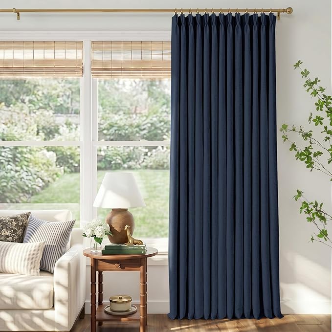 CAPALOCA Navy Blue Linen Pinch Pleated Curtains Blackout, 100% Black Out Curtains 84 inch Long for Bedroom, Blackout Thermal Insulated Pinch Pleated Drapes for Living Room, 60" W x 84" L, 1 Panel
