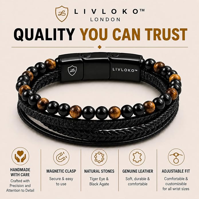 LONDON Mens Bracelet Leather Black Multi-Layer Stone Beads Adjustable Steel Clasp Viking Rope Bands Surfer Man Wristband Male UK Jewellery Gift box Boyfriend Dad Son Brother Tiger Eye