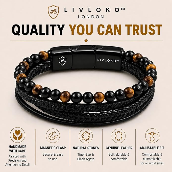 LONDON Mens Bracelet Leather Black Multi-Layer Stone Beads Adjustable Steel Clasp Viking Rope Bands Surfer Man Wristband Male UK Jewellery Gift box Boyfriend Dad Son Brother Tiger Eye