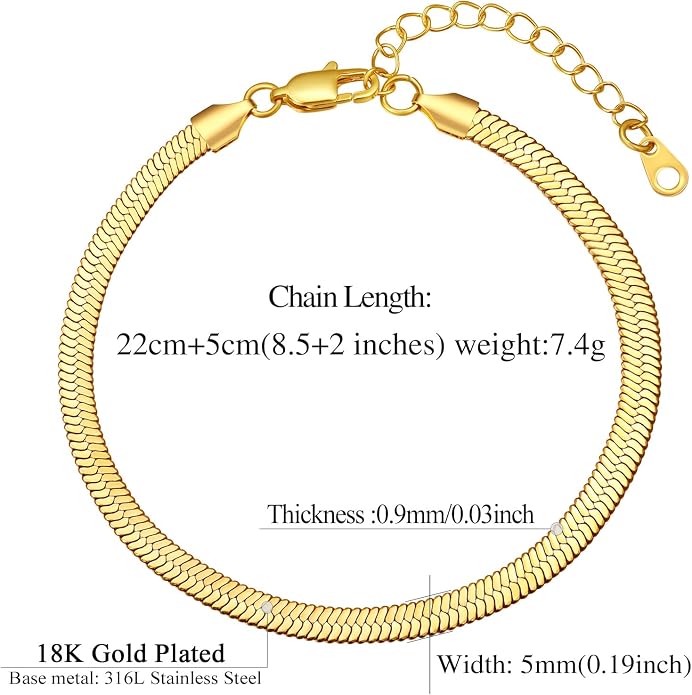 FindChic Elegant Herringbone Snake Chain Anklets/Bracelets 3MM/5MM Width Stainless Steel/18K Gold/Rose Gold Plated/Black 4 Color Options, 8.3'' 8.5'' 10.5'' Length, with Gift Box