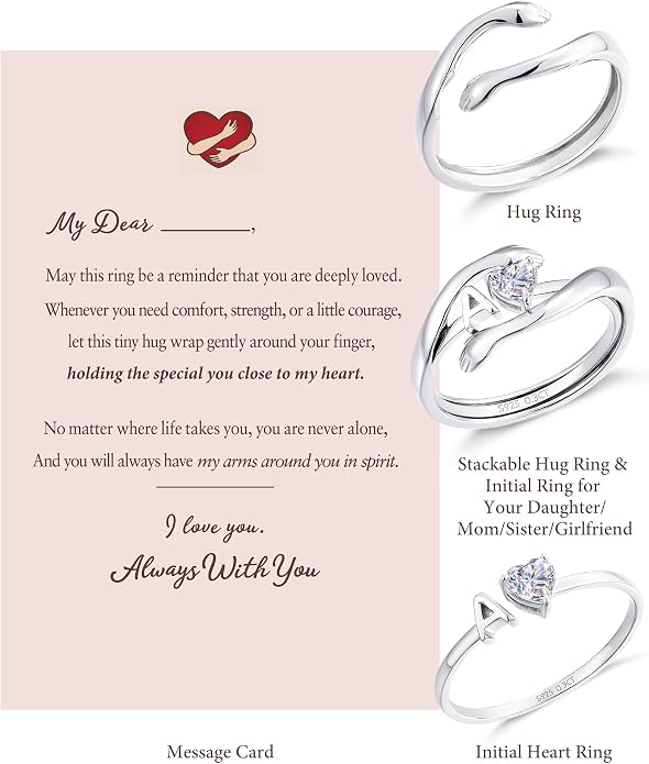 2-in-1 Hug Letter Ring for Women Sterling Silver Moissanite Heart Ring with Personalized Initial with “Always With You” Message Gift for Mom Daughter Granddaughter Girlfriend