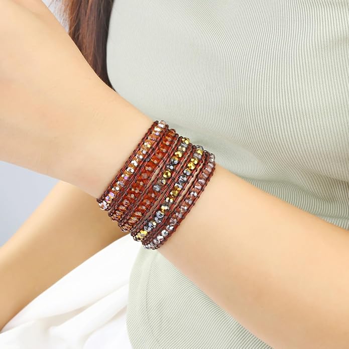 KELITCH Pearl Crystal Beads Bracelets Handmade Natural Leather 5 Wrap Bracelet for Women Classic Bangle Jewelry