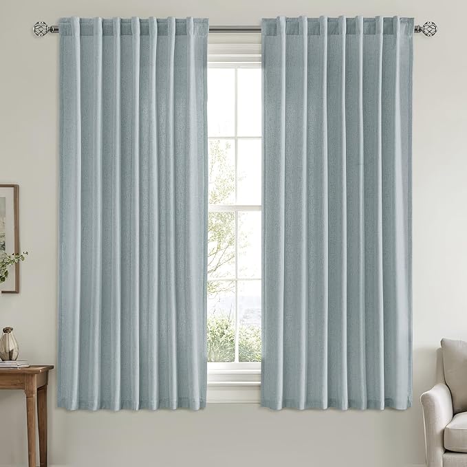MIULEE Non-See-Through Privacy Linen Curtains 52W x 63L Inch Stone Blue | 2 Panels, Light Filtering, Semi Sheer Window Curtains, Farmhouse Textured, Back Tab Drapes for Bedroom Living Room