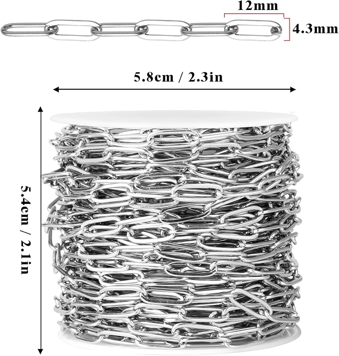 [33 Ft] Stainless Steel Paperclip Chains Roll, 4.3mm Width 304 Stainless Steel Oval Link Chains Spool Bulk for Jewelry Making