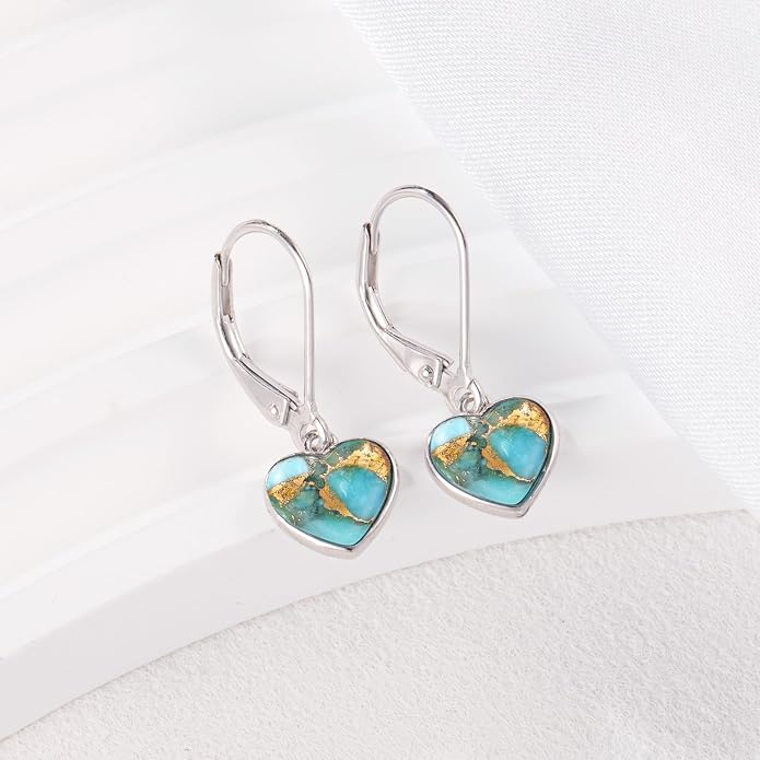 Heart Natural Turquoise Earrings for Women - Top AAA Grade, Hypoallergenic 925 Sterling Silver Leverback Dangle Earrings, Trendy Jewelry Gifts