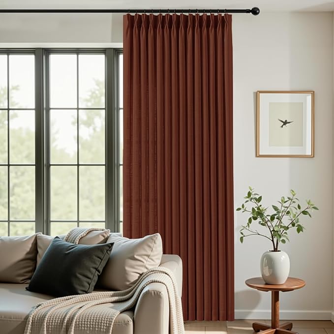 IVAPUPU 90 Inch Linen Blend Curtains 2 Panel Set for Living Room, Pinch Pleated Curtains Semi Sheer Light Filtering Modern Window Drapes with Hooks Rings for Bedroom Dining Room, 40W, Chestnut Brown