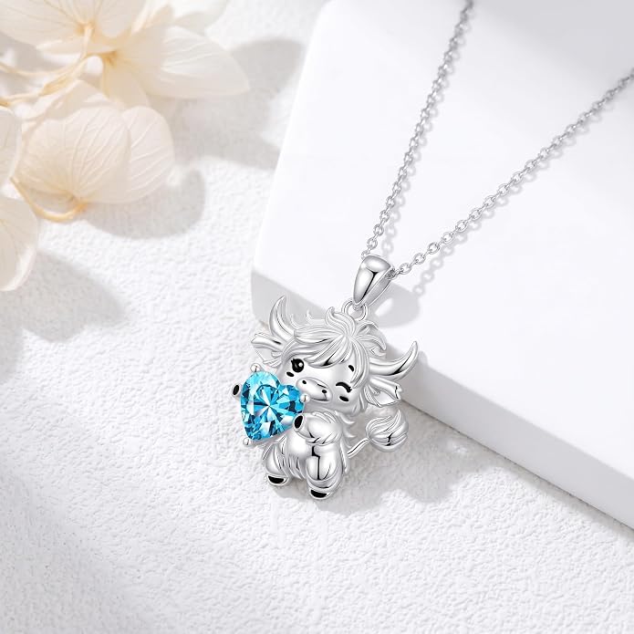 PELOVNY Teddy Bear Necklace for Women 925 Sterling Silver Bear/Highland Cow/Fox/Cat/Axolotl Birthstone Necklace Christmas Birthday Jewelry Gifts for Mom Daughter Wife Sister