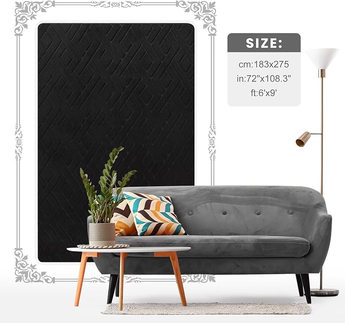 Macgace Ultra Soft Black Area Rug for Living Room, 6x9 Modern Geometric Shag Rugs with Nonslip Backing for Bedroom, Washable Fuzzy Carpet for Cozy Kids Room