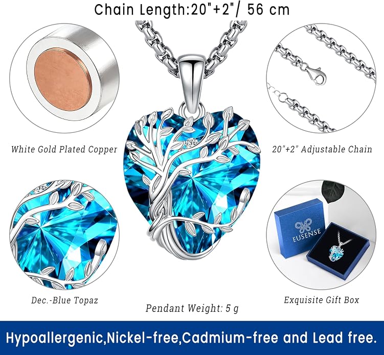 Eusense Tree of Life Necklace for Women White Gold Plated Copper Moonstone/Turquoise/Black Onyx/Crystal Birthstone Pendant Jewelry Gifts for Women Men