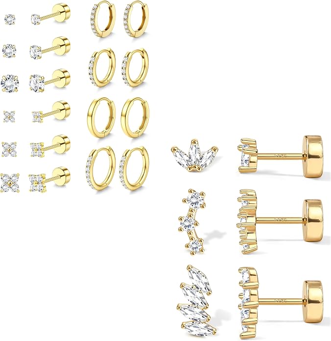 YADOCA 13 Pairs Hypoallergenic Surgical Steel Flat Back Earrings for Women Trendy 316L Stainless Steel Flatback Stud Earring Sets for Multiple Piercing Small Cartilage Hoop Earring Stacks