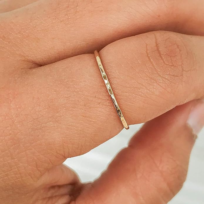 Ellie J Maui Hammered Ring, 1mm Thin Stacking Rings, Minimalist Rings for Women, 14K Gold Filled Rings for Teen Girls Midi Knuckle Pinky Finger Jewerly (Size 3-11)