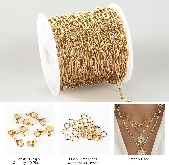 Kyutong 5M Gold PVD Plated Necklace Chain for Jewelry Making 304 Stainless Steel Paperclip Chain Roll with Lobster Clasps and Jump Rings for Men Women Making Jewelry Craft Support Jewelry Findings