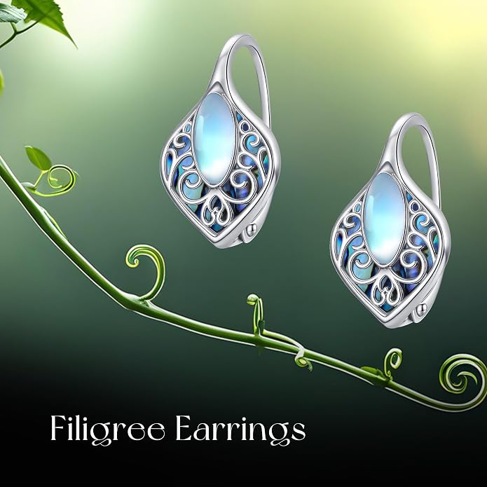 Moonstone Abalone Shell Earrings 925 Sterling Silver Dragonfly/Hummingbird/Butterfly/Lotus/Filigree Hoop Leverback Earrings Jewelry Gifts for Women