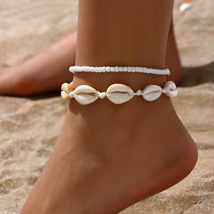 Qceasiy Bead Ankle Bracelets Set For Women, Adjustable Gold Plated Boho Shell Anklet, Hawaiian Beach Seashell Pearl Disc Starfish Conch Foot Jewelry, Summer Fashion Gifts