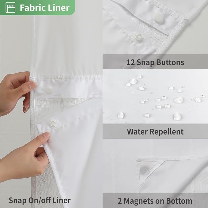 eachope No Hook Extra Long Shower Curtain Set with Snap-in Liner,Linen Textured Thick Striped Fabric with Tassels,Boho Chic Modern Farmhouse Bathroom Curtain,Water-Repellent,White,71x86